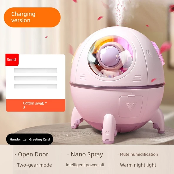 Mini USB Masaüstü Nemlendirici - Pembe - Uzay Bebekli - Şarjlı ve 3 Pamuklu Çubuklu