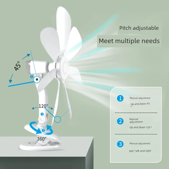 Mini Klip Fan - Yedi Yapraklı Masa Klip Fanı + 3m Anahtar Kablosu - 5