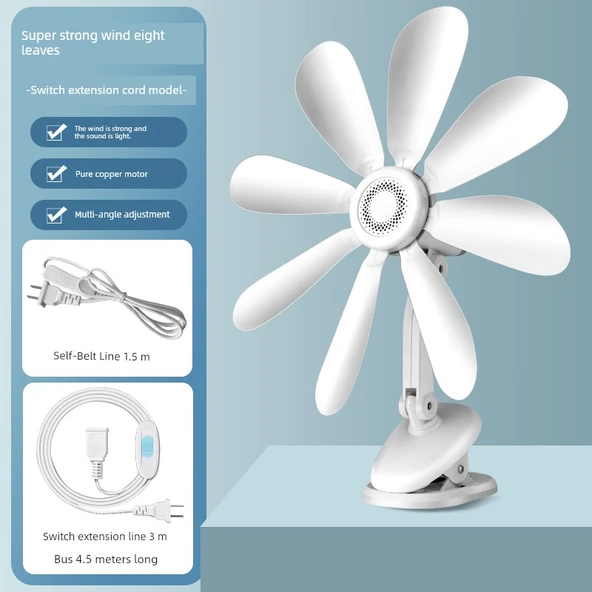 Mini Klip Fan - Sekiz Yapraklı Masa Klip Fanı + 3m Anahtar Kablosu