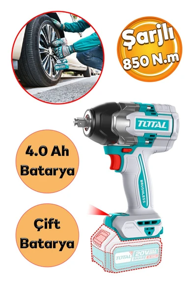 Total 850 Nm Şarjlı Li-on 2x4 Ah Batarya Darbeli Akülü Somun Sıkma Sökme Tabanca Araba Teker