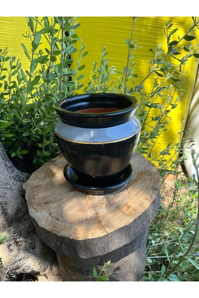 Siyah Gri Gold Renklerde Tasarım El Emeği Boyanmış Vernikli Fırınlanmış Çömlek Toprak Saksı