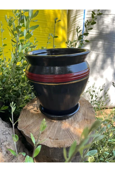 Siyah Renk Kırmızı Gold Şeritli Tasarım El Emeği Boyanmış Vernikli Fırınlanmış Çömlek Toprak Saksı - 3