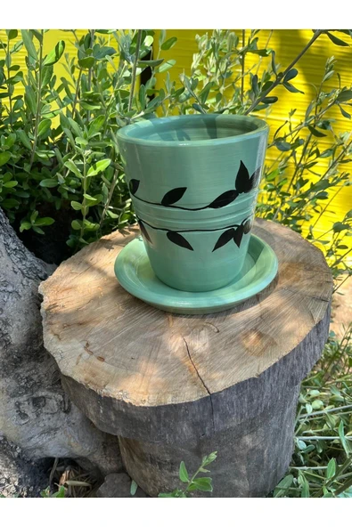 Yaprak Desenli Su Yeşili El Emeği Boyanmış Vernikli Fırınlanmış Toprak Tasarım Çömlek Saksı - 2