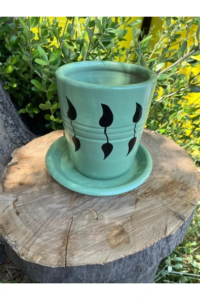 Su Yeşili El Emeği Tasarım Çiçek Yaprak Desenli Vernikli Fırınlanmış Toprak Çömlek Saksı - 3