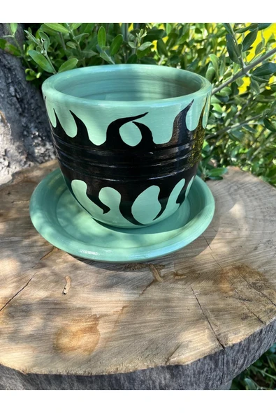 Su Yeşili El Emeği Boyanmış Tasarım Siyah Desenli Vernikli Fırınlanmış Çömlek Toprak Saksı - 2