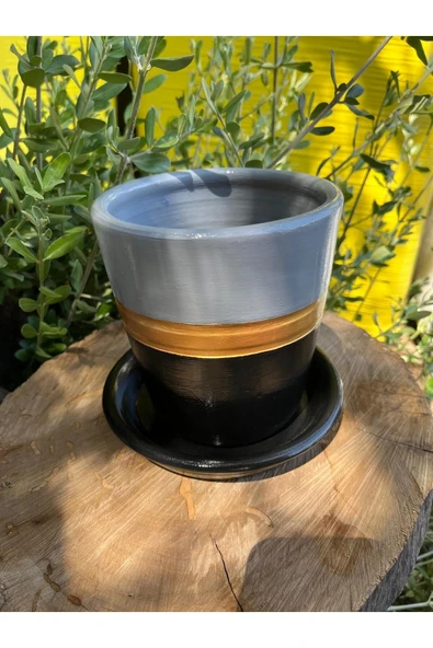 Gri Gold Siyah Renklerde Tasarım El Emeği Boyanmış Vernikli Fırınlanmış Çömlek Toprak Saksı - 2