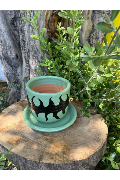 Su Yeşili El Emeği Boyanmış Tasarım Siyah Desenli Vernikli Fırınlanmış Çömlek Toprak Saksı - 3