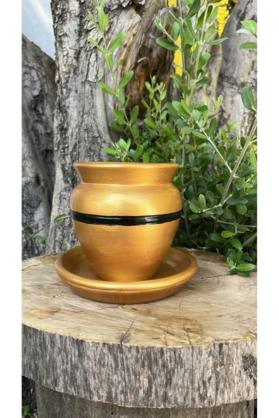 Gold Renk El Emeği Boyanmış Tasarım Vernikli Fırınlanmış Çömlek Toprak Saksı - El Yapımı
