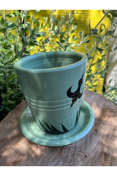 Su Yeşili El Emeği Boyanmış Tasarım Çiçek Desenli Vernikli Fırınlanmış Çömlek Toprak Saksı - 2