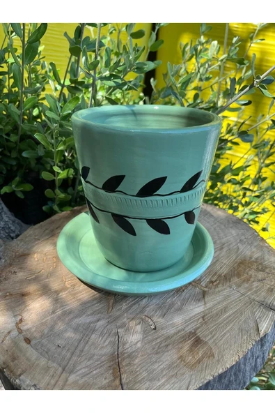 Su Yeşili El Emeği Boyanmış Yaprak Desenli Vernikli Fırınlanmış Toprak Tasarım Çömlek Saksı