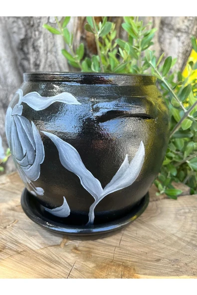 Siyah Renk Tasarım El Emeği Boyanmış Vernikli Fırınlanmış Çiçek Desenli Çömlek Toprak Saksı - 2