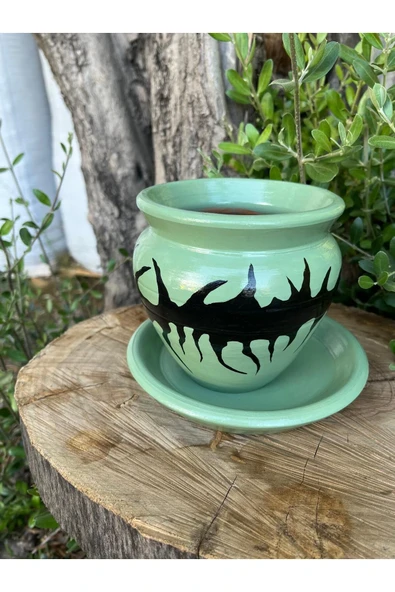 Su Yeşili El Emeği Boyanmış Tasarım Siyah Desenli Vernikli Fırınlanmış Çömlek Toprak Saksı - 3