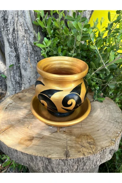 Gold Renk El Emeği Boyanmış Tasarım Siyah Desenli Vernikli Fırınlanmış Çömlek Toprak Saksı - 3