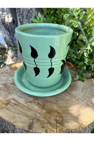 Su Yeşili El Emeği Tasarım Çiçek Yaprak Desenli Vernikli Fırınlanmış Toprak Çömlek Saksı - 2