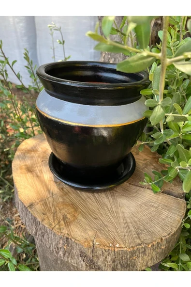 Siyah Gri Gold Renklerde Tasarım El Emeği Boyanmış Vernikli Fırınlanmış Çömlek Toprak Saksı - 3
