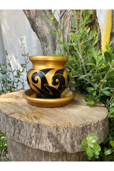 Gold Renk El Emeği Boyanmış Tasarım Siyah Desenli Vernikli Fırınlanmış Çömlek Toprak Saksı - 2