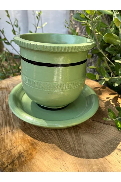 Tasarım Su Yeşili El Emeği Boyanmış Vernikli Fırınlanmış Çömlek Toprak Saksı - El Yapımı - 3