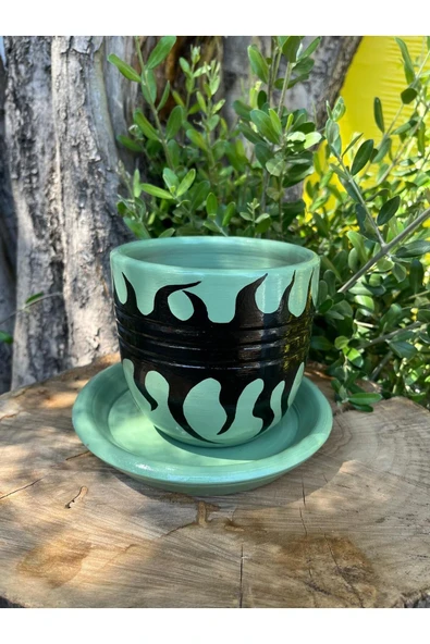 Su Yeşili El Emeği Boyanmış Tasarım Siyah Desenli Vernikli Fırınlanmış Çömlek Toprak Saksı