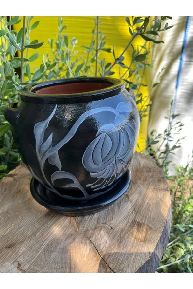 Siyah Renk Tasarım El Emeği Boyanmış Vernikli Fırınlanmış Çiçek Desenli Çömlek Toprak Saksı - 3