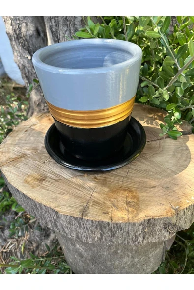 Tasarım El Emeği Boyanmış Gri Gold Siyah Vernikli Fırınlanmış Çömlek Toprak Saksı