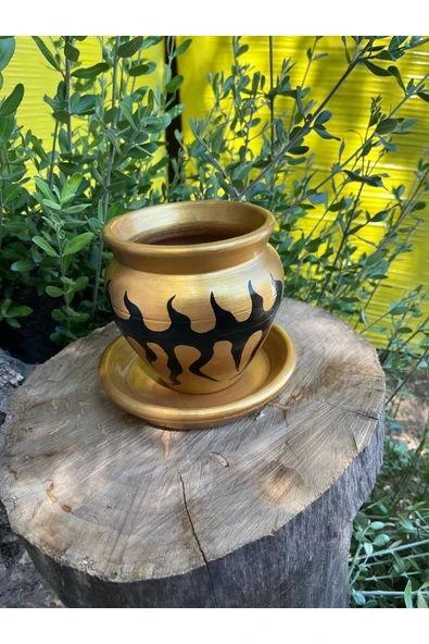 Gold Renk El Emeği Boyanmış Tasarım Siyah Desenli Vernikli Fırınlanmış Çömlek Toprak Saksı - 3