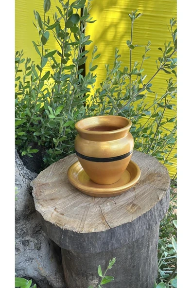 Gold Renk El Emeği Boyanmış Tasarım Vernikli Fırınlanmış Çömlek Toprak Saksı - El Yapımı - 6