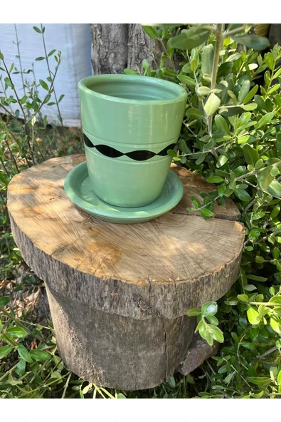 Tasarım Su Yeşili El Emeği Boyanmış Desenli Vernikli Fırınlanmış Çömlek Toprak Saksı - 3