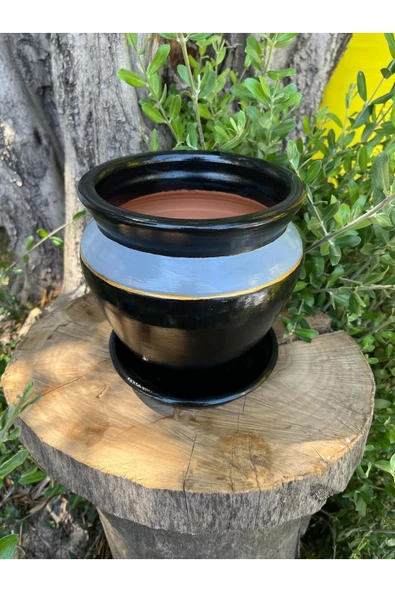 Siyah Gri Gold Renklerde Tasarım El Emeği Boyanmış Vernikli Fırınlanmış Çömlek Toprak Saksı - 2