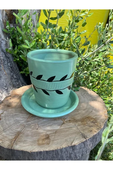 Su Yeşili El Emeği Boyanmış Yaprak Desenli Vernikli Fırınlanmış Çömlek Toprak Tasarım Saksı