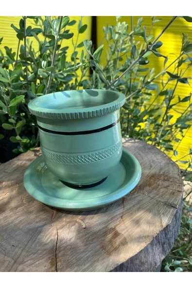 Tasarım Su Yeşili El Emeği Boyanmış Vernikli Fırınlanmış Çömlek Toprak Saksı - El Yapımı