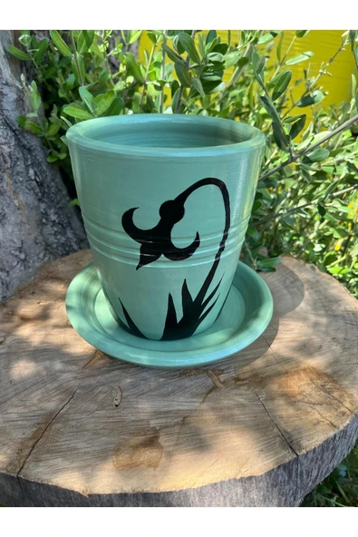 Su Yeşili El Emeği Boyanmış Tasarım Çiçek Desenli Vernikli Fırınlanmış Çömlek Toprak Saksı