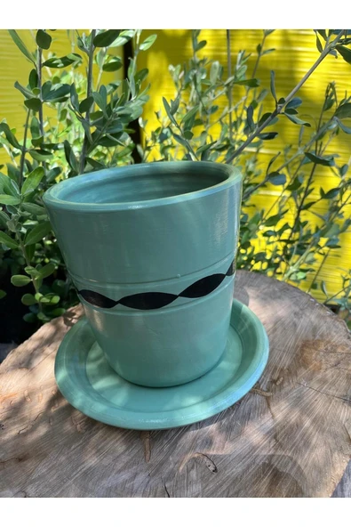 Tasarım Su Yeşili El Emeği Boyanmış Desenli Vernikli Fırınlanmış Çömlek Toprak Saksı - 2