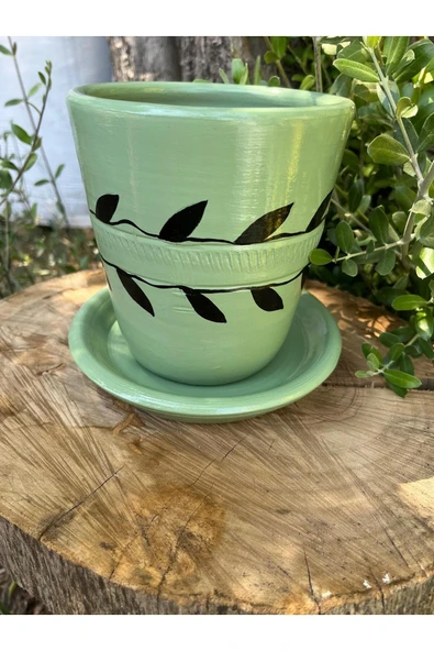 Su Yeşili El Emeği Boyanmış Yaprak Desenli Vernikli Fırınlanmış Toprak Tasarım Çömlek Saksı - 3