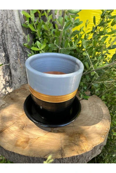 Gri Gold Siyah Renklerde Tasarım El Emeği Boyanmış Vernikli Fırınlanmış Çömlek Toprak Saksı - 3