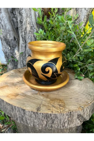 Gold Renk El Emeği Boyanmış Tasarım Siyah Desenli Vernikli Fırınlanmış Çömlek Toprak Saksı