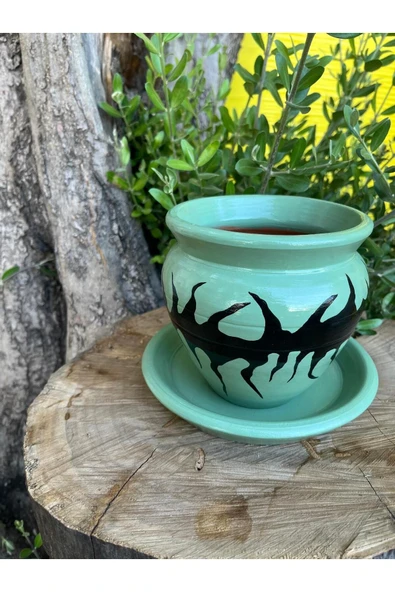 Su Yeşili El Emeği Boyanmış Tasarım Siyah Desenli Vernikli Fırınlanmış Çömlek Toprak Saksı