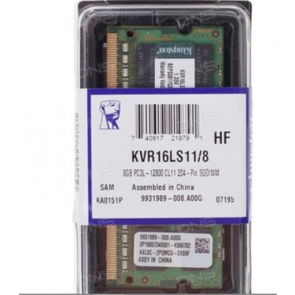 Kingston ValueRam 8GB 1600MHz DDR3 Notebook Ram (KVR16LS11/8) NOTEBOOK RAM BELLEK
