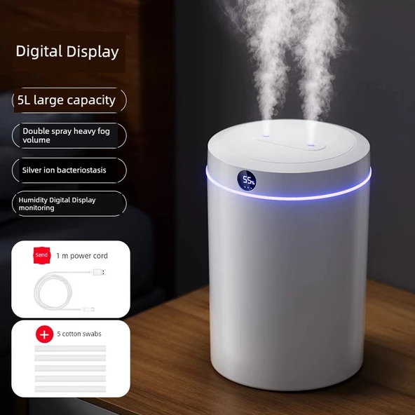 5L Büyük Kapasiteli Çift Sprey USB Nemlendirici - Dijital Ekran +5 Pamuk Çubuğu