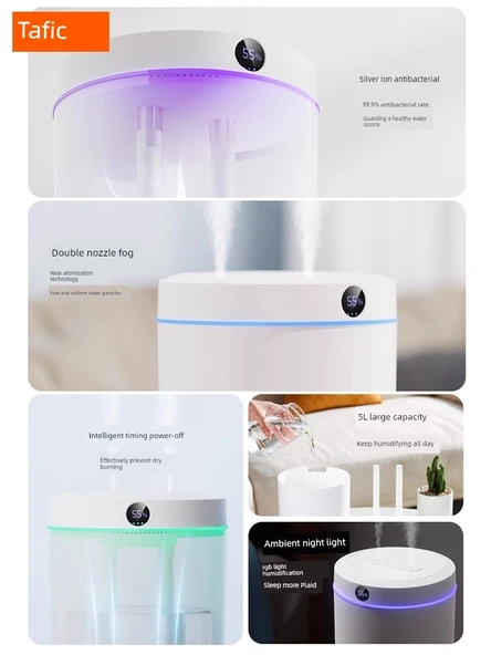 5L Büyük Kapasiteli Çift Sprey USB Nemlendirici - Dijital Ekran +5 Pamuk Çubuğu - 3