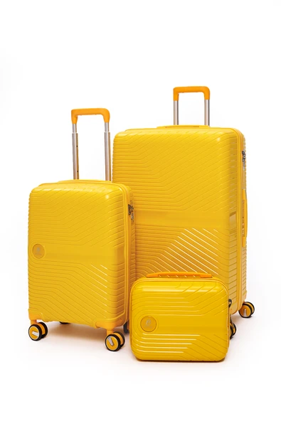 Elatae Exclusive Pro Polipropilen Kırılmaz 3'lü Valiz Seti Büyük - Kabin Boy ve Makyaj Çantası Sarı 5239 ürün görseli