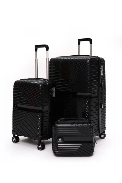 Elatae Exclusive Pro Polipropilen Kırılmaz 3'lü Valiz Seti Büyük - Kabin Boy ve Makyaj Çantası Siyah 5239 ürün görseli