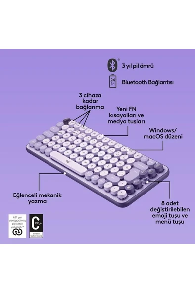Logitech POP Keys 920-011527 Krem Mor TKL Kablosuz Mekanik Klavye Outlet - 6