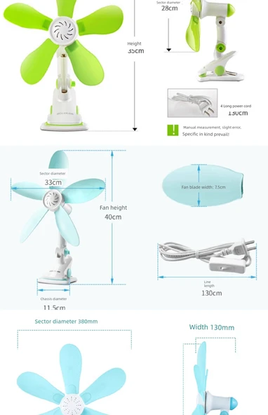 Klip Fan - Yeşil Beyaz 35cm - 3 Metre Zamanlayıcı Kablo - 12