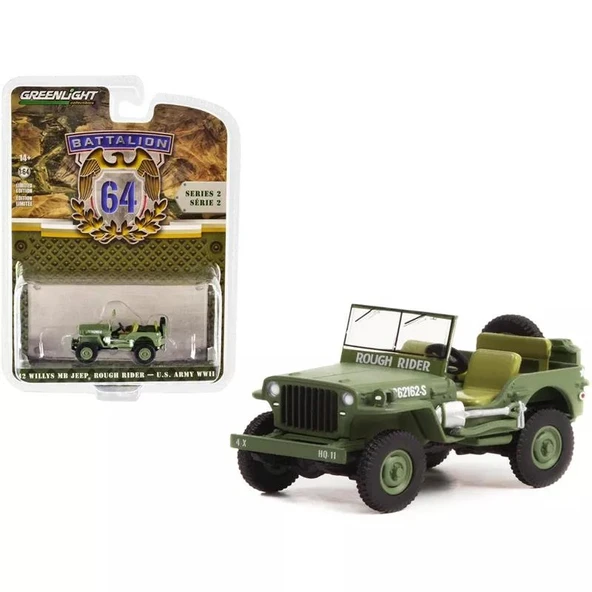Greenlight Greenlight Battalion 64 1942 Willys MB Jeep Rough Rider U.S Army WWII 1/64 Model Araba - Resim 2