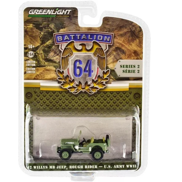 Greenlight Greenlight Battalion 64 1942 Willys MB Jeep Rough Rider U.S Army WWII 1/64 Model Araba - Resim 3