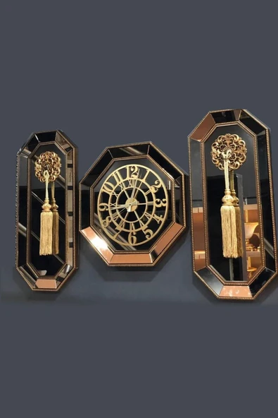 Fırsat Oyuncak Altın Varaklı 3 Parçalı Aynalı Duvar Saati Gold 30 x 72 Oval Geometrik