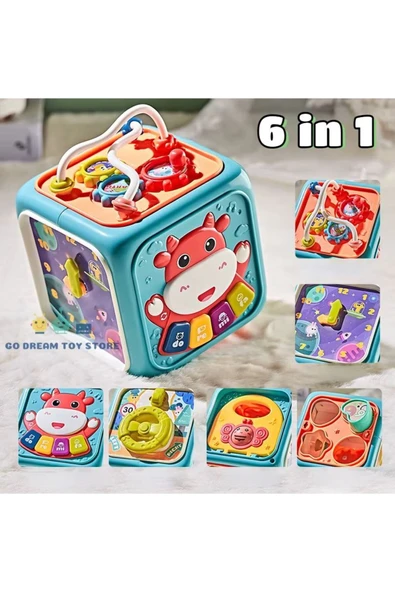 Oruç Oyuncak Eğitici Işıklı ve Müzikli 6in1 Aktivite Küpü mavi Neşeli Dostlar Bultak set - Resim 3