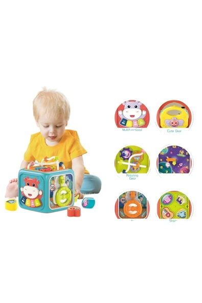 Oruç Oyuncak Eğitici Işıklı ve Müzikli 6in1 Aktivite Küpü mavi Neşeli Dostlar Bultak set - Resim 5