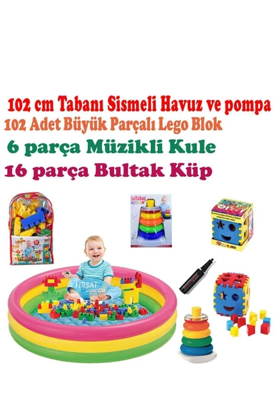 BESTWAY Çocuk Oyun Havuzu Top Havuzu Seti 102x25 Tabanı Şişmeli Havuz 102 Adet Lego Müzikli Kule Pompa ürün görseli