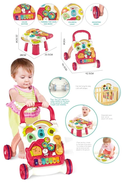 Oruç Oyuncak Eğitici Piyanolu 4in1 Turkuaz Bebek Yürüteci Neşeli Dostlar Bultak Set - Resim 5